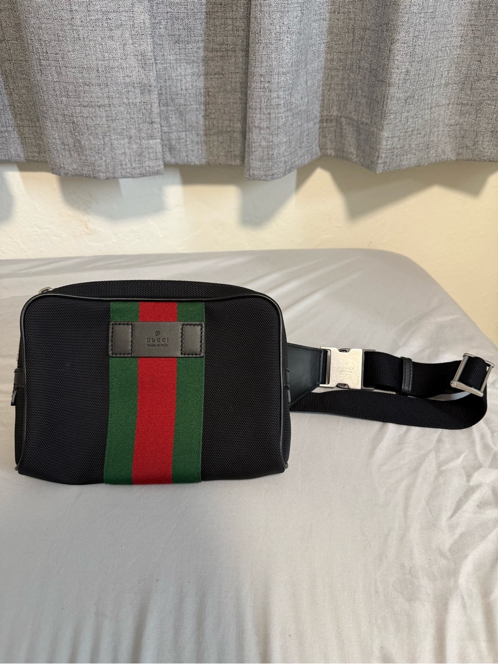 Gucci Black Belt Bag with Signature Green and Red Web